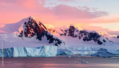 Dramatic sunset over the antarctic peninsula icebergs illuminated by pink light nature photography serene environment scenic viewpoint