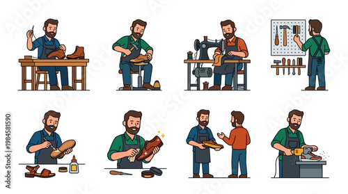 Cartoon illustrations of a shoemaker working on various shoe repair tasks
