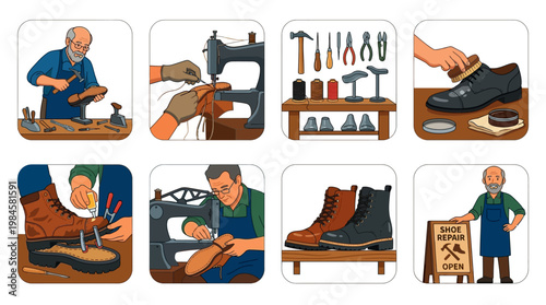 Shoe repair service process with various stages and tools