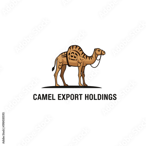 Illustrated camel with saddle and harness in a classic logo style on a white background