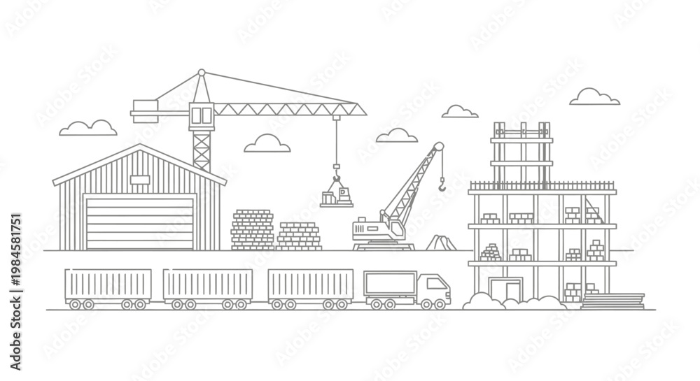Fototapeta premium Industrial construction site with crane warehouse train and unfinished building under development showcasing infrastructure growth and urban expansion.