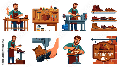 Expert cobbler repairing and making shoes with various tools and equipment in a workshop