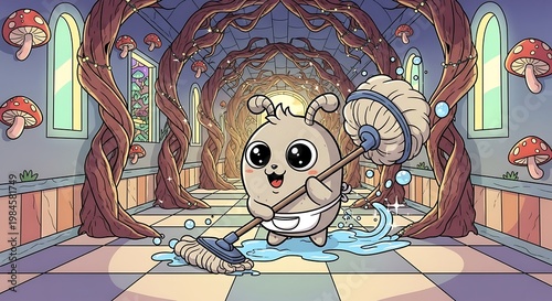 Whimsical cartoon creature mops a fantastical hallway, adorned with whimsical mushrooms and leafy archways. Colorful and bright
