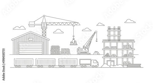 Industrial construction site with crane warehouse train and unfinished building under development showcasing infrastructure growth and urban expansion.