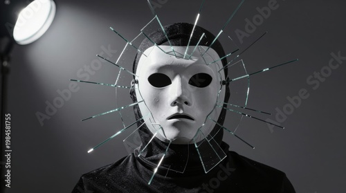 Distorted Reflection of Identity with Shattered Glass and Mask