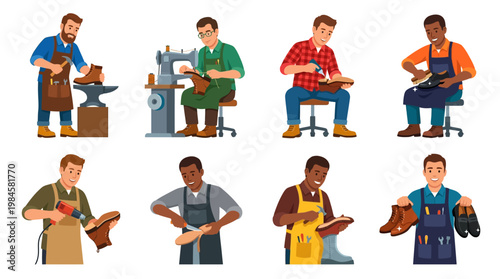 Shoemakers working on various stages of shoe production and repair