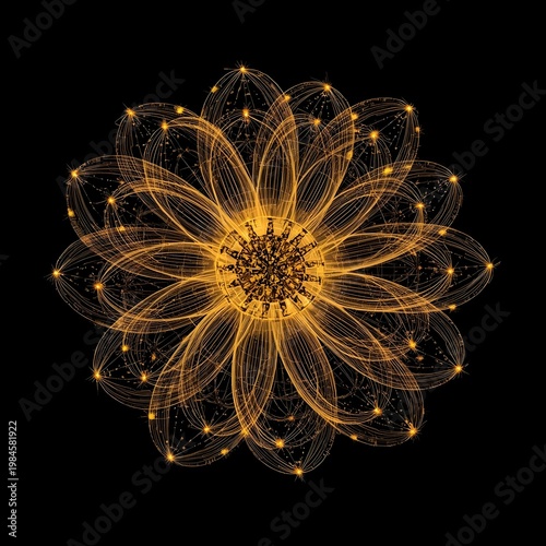 A vibrant and intricate digital illustration of a glowing golden flower on a black background
