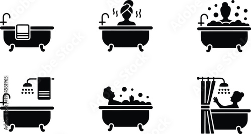 Simple black icon showing a classic clawfoot bathtub with a hanging towel and running water faucet