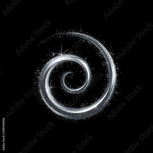 A stunning white spiral design against a black background with sparkling effects