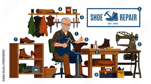 Shoe repairman at work in his workshop with tools and equipment around him fixing a brown boot