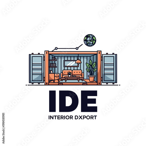 Interior furniture arrangement inside an open shipping container with global network icon