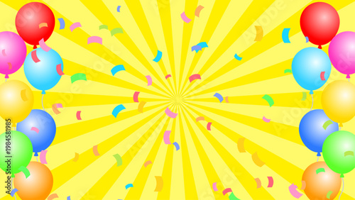 風船と紙吹雪の華やかな集中線背景　黄色