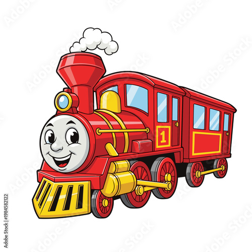 Happy red cartoon train with smoke and smiling face