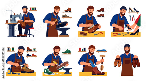 Cartoon shoemaker performing various tasks with shoes and tools