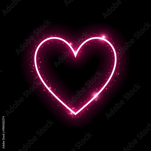 A bright pink neon heart glows on a dark background with sparkling particles
