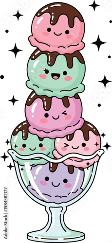 Cute Kawaii Ice Cream Sundae Illustration Featuring Colorful Stacked Scoops with Happy Faces and Chocolate Topping in Minimalist Flat Vector Style