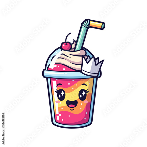 Kawaii cartoon drink with a happy face crown and cherry