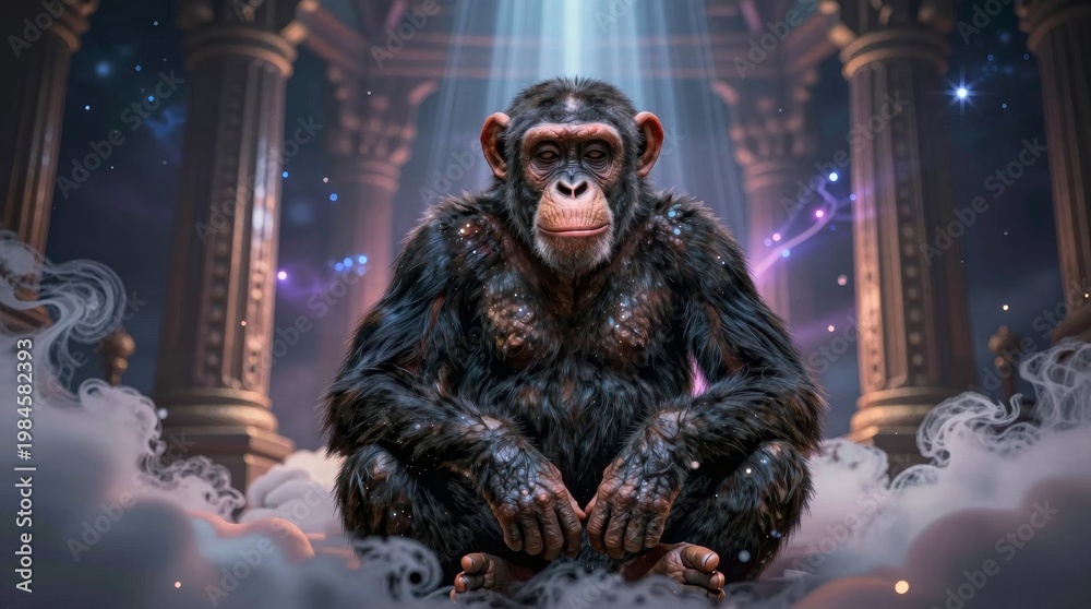 Fototapeta premium Majestic Chimpanzee in Ethereal Setting Surrounded by Mist and Light