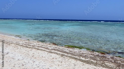 White sand beach in Wadi El Gemal National Park near Marsa Alam, Egypt. Crystal clear water in Red Sea with coral reef and waves