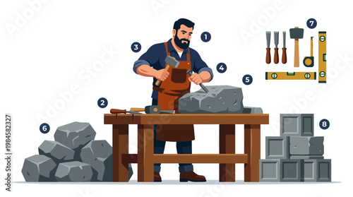 Mason working on stone block with tools and equipment, stonework and construction concept