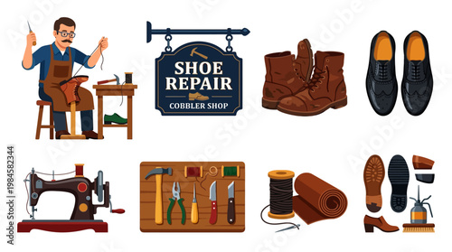 Shoe repair shop with cobbler and various tools