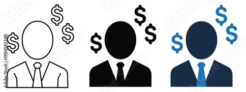 Professional Businessman Icon with Dollar Signs for Wealth and Finance representing success investment banking growth corporate earnings illustration
