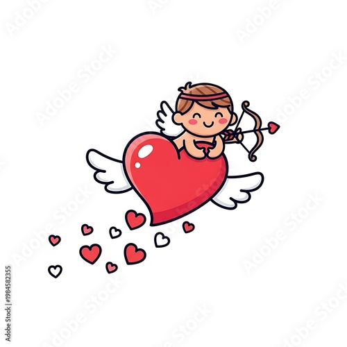 Adorable cartoon cupid flying on a winged heart with bow and arrow and small hearts