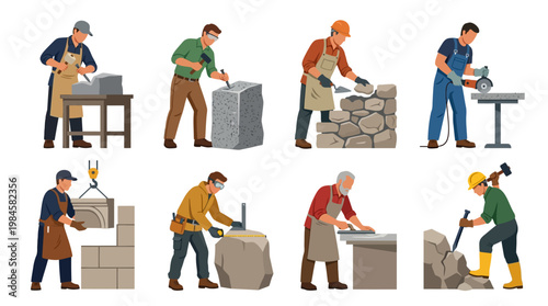 Stonecutter workers engaged in various tasks with stone blocks and tools