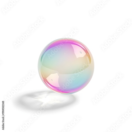 A large iridescent bubble floats in the air with a subtle shadow underneath it.