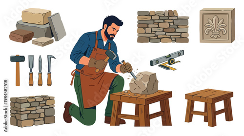 Mason working on stone with tools and materials around him for construction