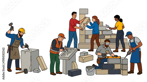 Construction workers building with bricks and stone blocks