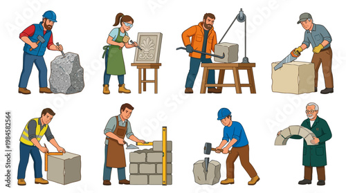 Workers engaged in construction and stone carving activities with various tools and techniques