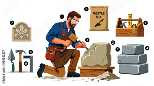 Mason working with stone and tools for construction project