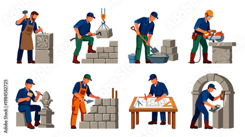 Construction workers engaged in various tasks, building, bricklaying, stonecutting, planning, and craftsmanship