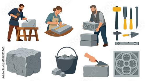 Masons working with stone blocks and tools for construction and decoration