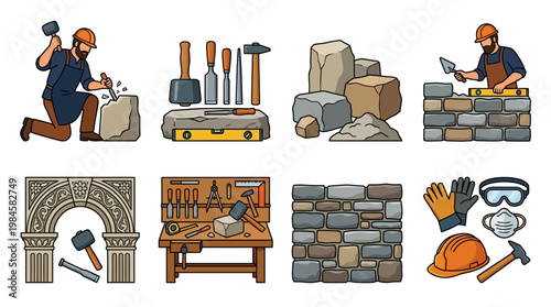Mason working with stones and tools for construction and building projects with safety equipment