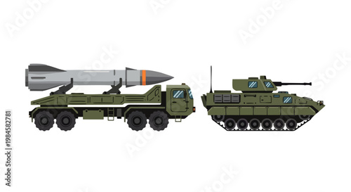 Two different military vehicles, a missile launcher truck and an armored combat vehicle, depicted in a flat design style.