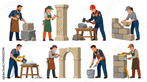Masons working with stone and brick, construction workers building with blocks, carving and laying stone