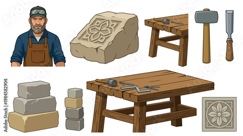 Mason working with stone blocks and tools on workbenches