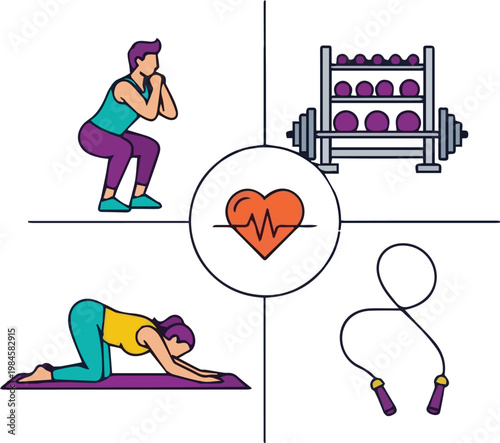 A woman exercises with a jump rope, dumbbells, and stretches while focusing on her Fitness, Health, Heart, Workout, and Exercise routine.