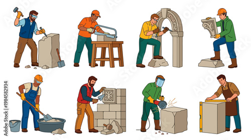 Masons working with stone blocks and tools in various construction and crafting scenarios
