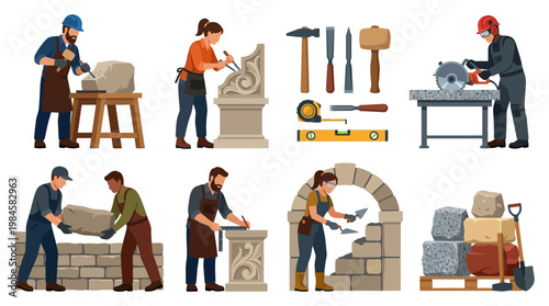 Mason workers building stone wall and sculpture with tools