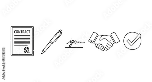 Business contract agreement handshake and signature icons.