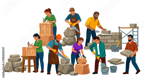 Construction workers building a stone wall with blocks and tools