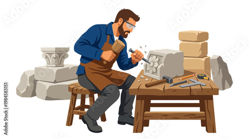 Man chiseling stone block with hammer and chisel in workshop