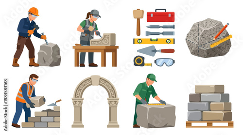 Masons working on stone blocks and construction tools