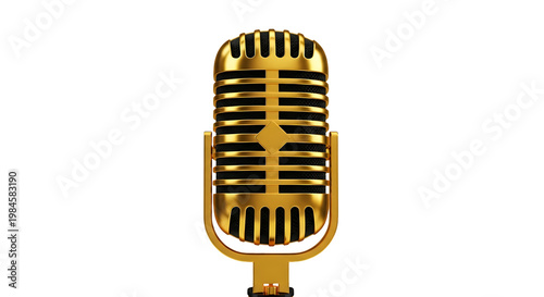 Classic golden vintage microphone on a white background, perfect for music or podcasting
