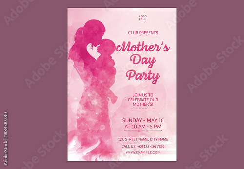 Editable Happy Mother's Day Party Invitation Template with Silhouette Mother Kissing Her Baby on Watercolor Pink Background.