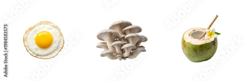 Fried egg mushrooms and coconut on white background for food concept transparent background