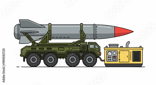 Military ballistic missile on a heavy-duty transporter erector launcher truck with an external power generator.